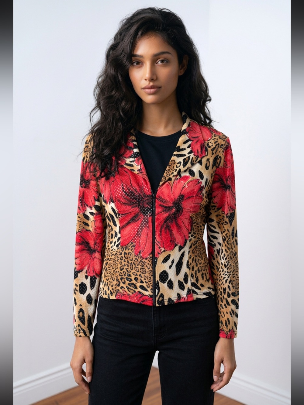 Joseph Ribkoff Red Floral on Leopard Zip Jacket